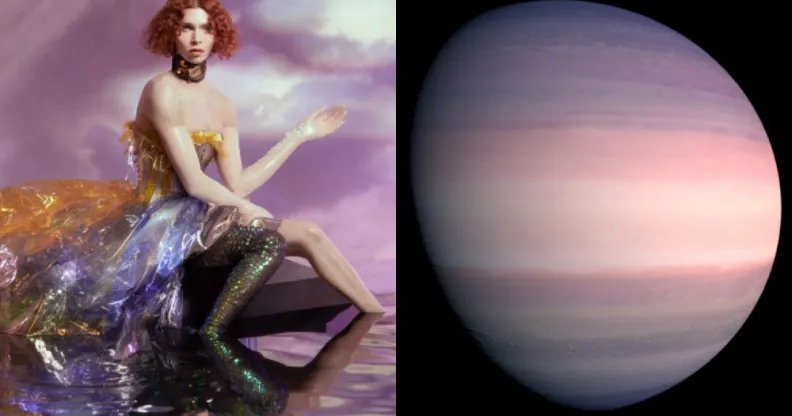 Sophie in front of an oil painting and a planet in similar pink and purple tones
