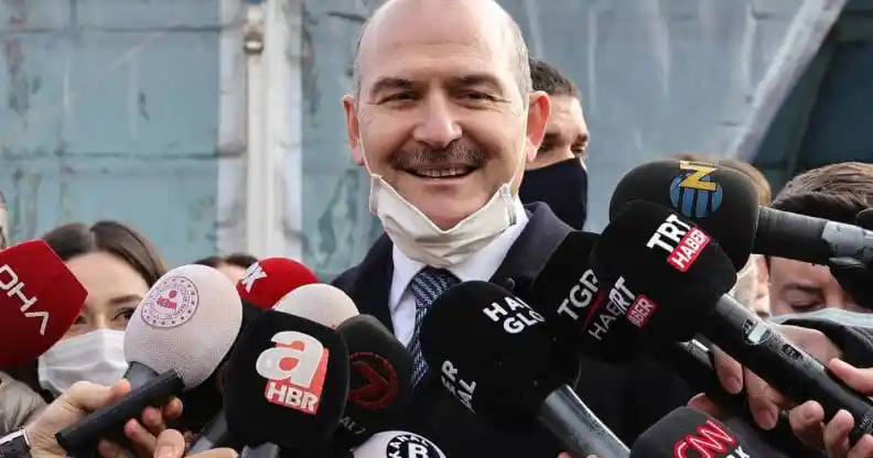 Turkish interior minister Suleyman Soylu speaking before members of the press