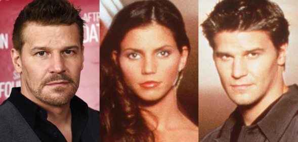 Headshot of David Boreanaz in a black shirt and grey waistcoat. David Boreanaz and Charisma Carpenter in a promotional poster for Angel