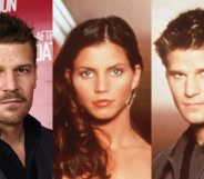 Headshot of David Boreanaz in a black shirt and grey waistcoat. David Boreanaz and Charisma Carpenter in a promotional poster for Angel