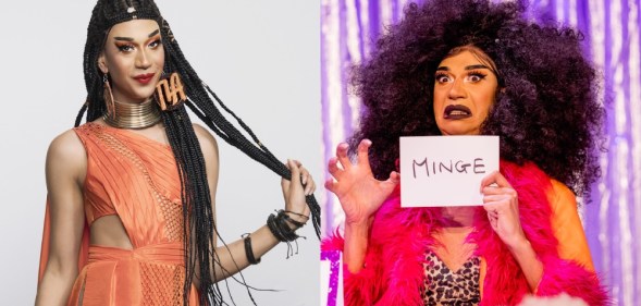 Tia Kofi in an orange dress with long braids / Tia in an afro dressed as Mel B, holding a sign saying mine