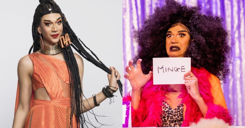 Tia Kofi in an orange dress with long braids / Tia in an afro dressed as Mel B, holding a sign saying mine
