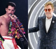 Freddie Mercury wearings a rainbow jacket and Elton John