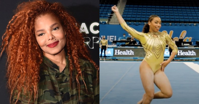 Headshot of Janet Jackson smiling. Margzetta Frazier flourishes during her floor performance in a