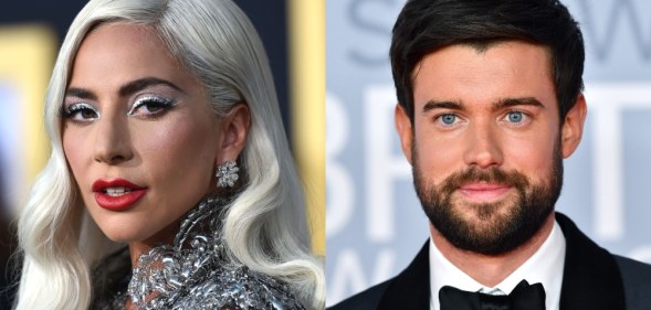 Headshots of Lady Gaga in a silver dress and Jack Whitehall in a black tuxedo