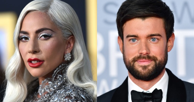 Headshots of Lady Gaga in a silver dress and Jack Whitehall in a black tuxedo