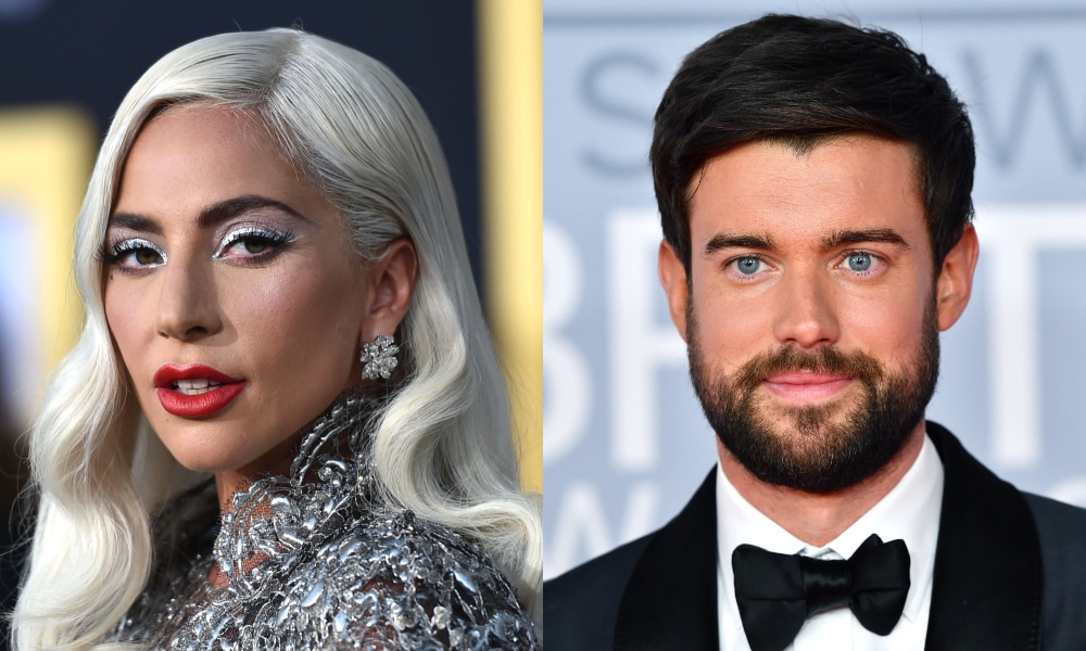 Headshots of Lady Gaga in a silver dress and Jack Whitehall in a black tuxedo