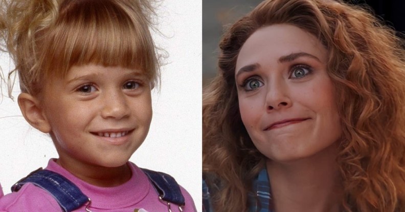 Headshots of the Olsen twins, Mary-Kate and Ashley, in Full House. Elizabeth Olsen in Wandavision