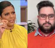 Tamron Hall in a yellow top gestures. Sherry Pie in an orange jumper stared directly at the camera