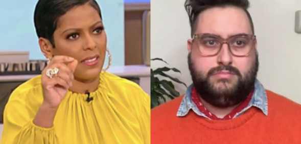 Tamron Hall in a yellow top gestures. Sherry Pie in an orange jumper stared directly at the camera