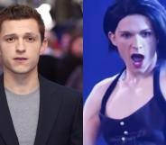 Side-by-side of Tom Holland posing on the red carpet and in a black bob wig