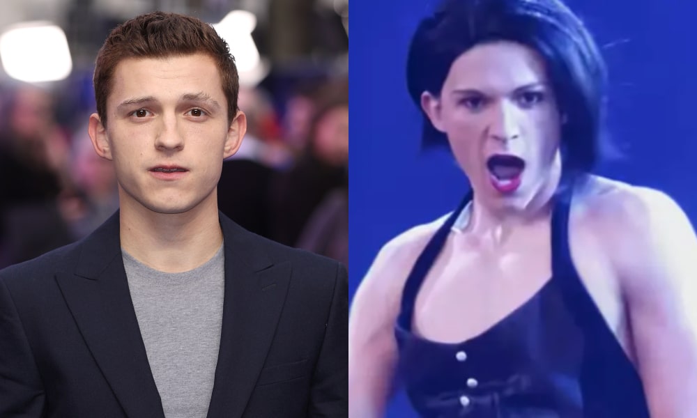 Side-by-side of Tom Holland posing on the red carpet and in a black bob wig