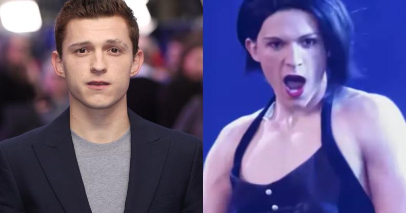 Side-by-side of Tom Holland posing on the red carpet and in a black bob wig