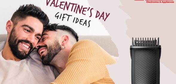Two men cosy up on a bed with the words 'Valentine's Day Gift Ideas', 'Top Choice' and an image of a beard trimmer layered on top