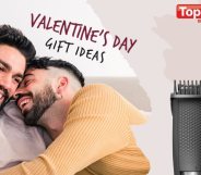 Two men cosy up on a bed with the words 'Valentine's Day Gift Ideas', 'Top Choice' and an image of a beard trimmer layered on top