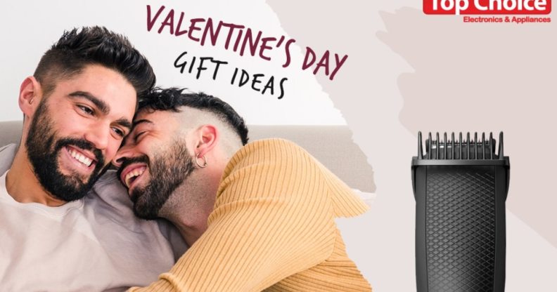 Two men cosy up on a bed with the words 'Valentine's Day Gift Ideas', 'Top Choice' and an image of a beard trimmer layered on top