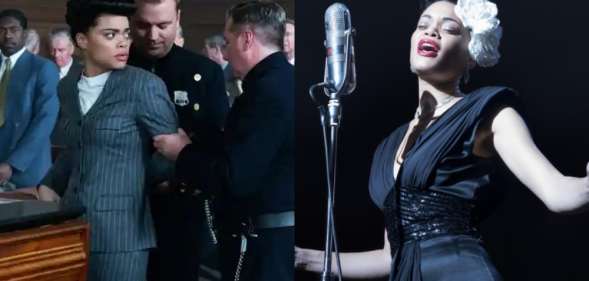 Andra Day as Billie Holiday: On the left, being handcuffed in a court room, on the right, singing into an old-fashioned microphone
