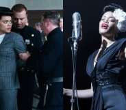 Andra Day as Billie Holiday: On the left, being handcuffed in a court room, on the right, singing into an old-fashioned microphone