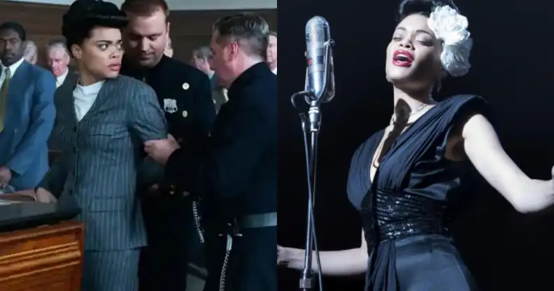 Andra Day as Billie Holiday: On the left, being handcuffed in a court room, on the right, singing into an old-fashioned microphone