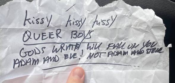 Homophobic note left on gay couple's car