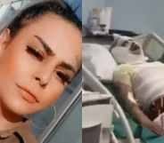 On the left: Asya Cevahir poses to the camera. On the right: Asya Cevahir lies in a hospital bed covered in bandages