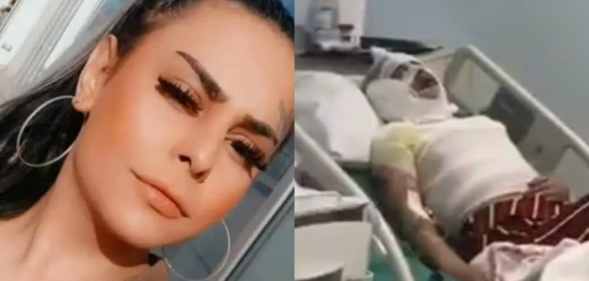 On the left: Asya Cevahir poses to the camera. On the right: Asya Cevahir lies in a hospital bed covered in bandages