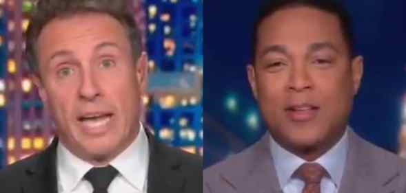 On the left: Chris Cuomo speaking in a black suit and white shirt. On the right: Don Lemon makes a befuddled expression, wearing a grey suit, blue shirt and brown tie
