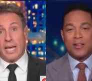 On the left: Chris Cuomo speaking in a black suit and white shirt. On the right: Don Lemon makes a befuddled expression, wearing a grey suit, blue shirt and brown tie