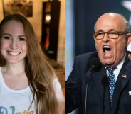 On the left: Caroline Giuliani smiles while facing the camera in a white vest. On the right: Rudy Giuliani.