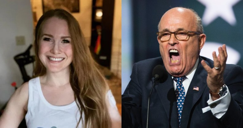 On the left: Caroline Giuliani smiles while facing the camera in a white vest. On the right: Rudy Giuliani.