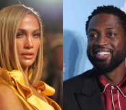 On the left: Jennifer Lopez looks to her right in a yellow dress. On the right: Dwyane Wade smiles in a red printed shirt and black blazer