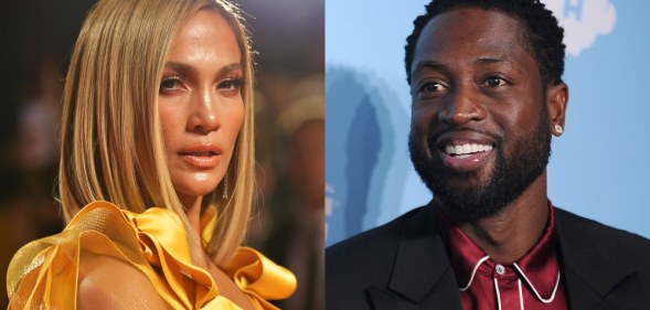 On the left: Jennifer Lopez looks to her right in a yellow dress. On the right: Dwyane Wade smiles in a red printed shirt and black blazer