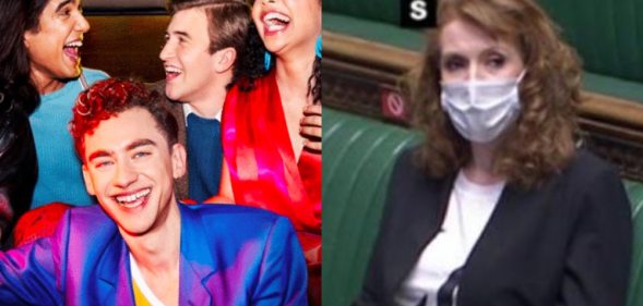 On the left: The cast of It's a Sin, including Olly Alexander. On the right: Angela Rayner sits on the front bench in parliament wearing a t-shirt reading: 'La'