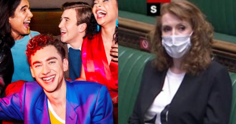 On the left: The cast of It's a Sin, including Olly Alexander. On the right: Angela Rayner sits on the front bench in parliament wearing a t-shirt reading: 'La'