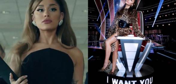 Ariana Grande walking holding a black folder / Ariana on a The Voice chair