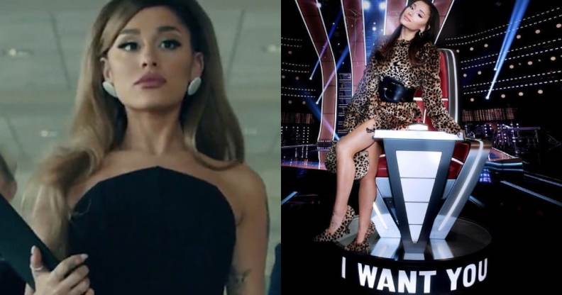 Ariana Grande walking holding a black folder / Ariana on a The Voice chair
