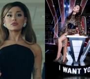 Ariana Grande walking holding a black folder / Ariana on a The Voice chair