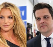 On the left: Britney Spears in a black dress poses. On the right: Matt Gaetz in a suit walks through a corridor with paparazzi behind h