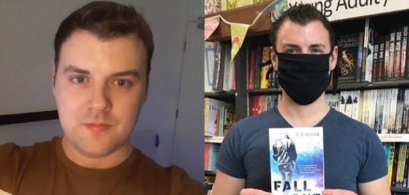 A selfie of Chris Moore. Chris Moore holds a copy of 'Fall Out' in a bookstore