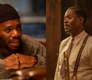 Colman Domino in Euphoria, leaning on a table wearing a beanie hat, and in Ma Rainey's Black Bottom, as a blues musician in a shirt, tie and braces