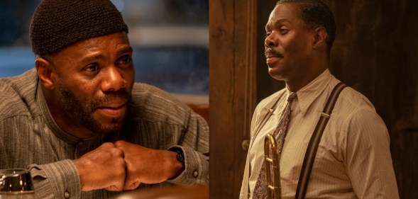 Colman Domino in Euphoria, leaning on a table wearing a beanie hat, and in Ma Rainey's Black Bottom, as a blues musician in a shirt, tie and braces