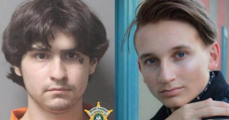 On the left: Chance Seneca's mugshot. On the right: Holden White poses as he looks towards the camera, his hand on his shoulder