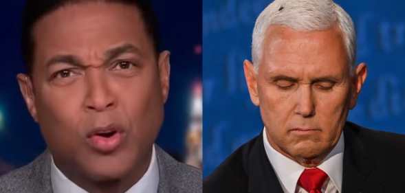 On the left: a screen grab of an angry Don Lemon talking to camera. On the right: Mike Pence, looking down, a fly resting on his white hair