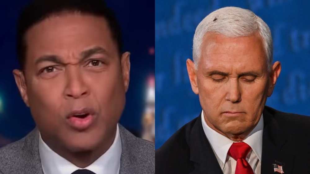 On the left: a screen grab of an angry Don Lemon talking to camera. On the right: Mike Pence, looking down, a fly resting on his white hair