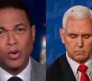 On the left: a screen grab of an angry Don Lemon talking to camera. On the right: Mike Pence, looking down, a fly resting on his white hair