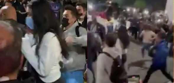 On the left: Dua Lipa, with a face masks, cowers as she is surrounded by fans. On the right: Fans run towards Dua Lipa