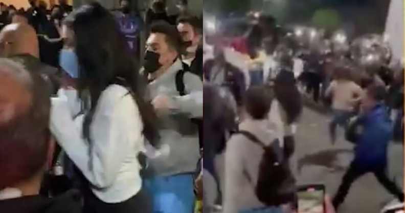 On the left: Dua Lipa, with a face masks, cowers as she is surrounded by fans. On the right: Fans run towards Dua Lipa