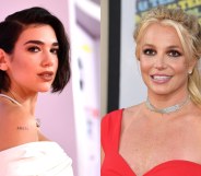 Headshots of Dua Lipa and Britney Spears in dresses smiling