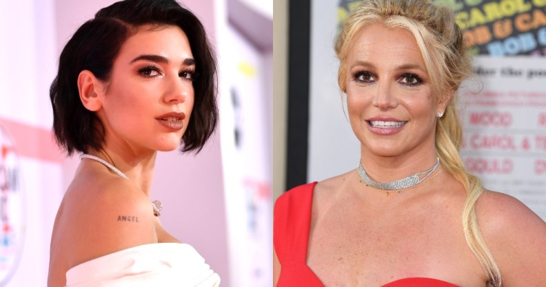 Headshots of Dua Lipa and Britney Spears in dresses smiling