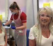 Elaine Paige, with a screen visor, receives her second coronavirus vaccine dose